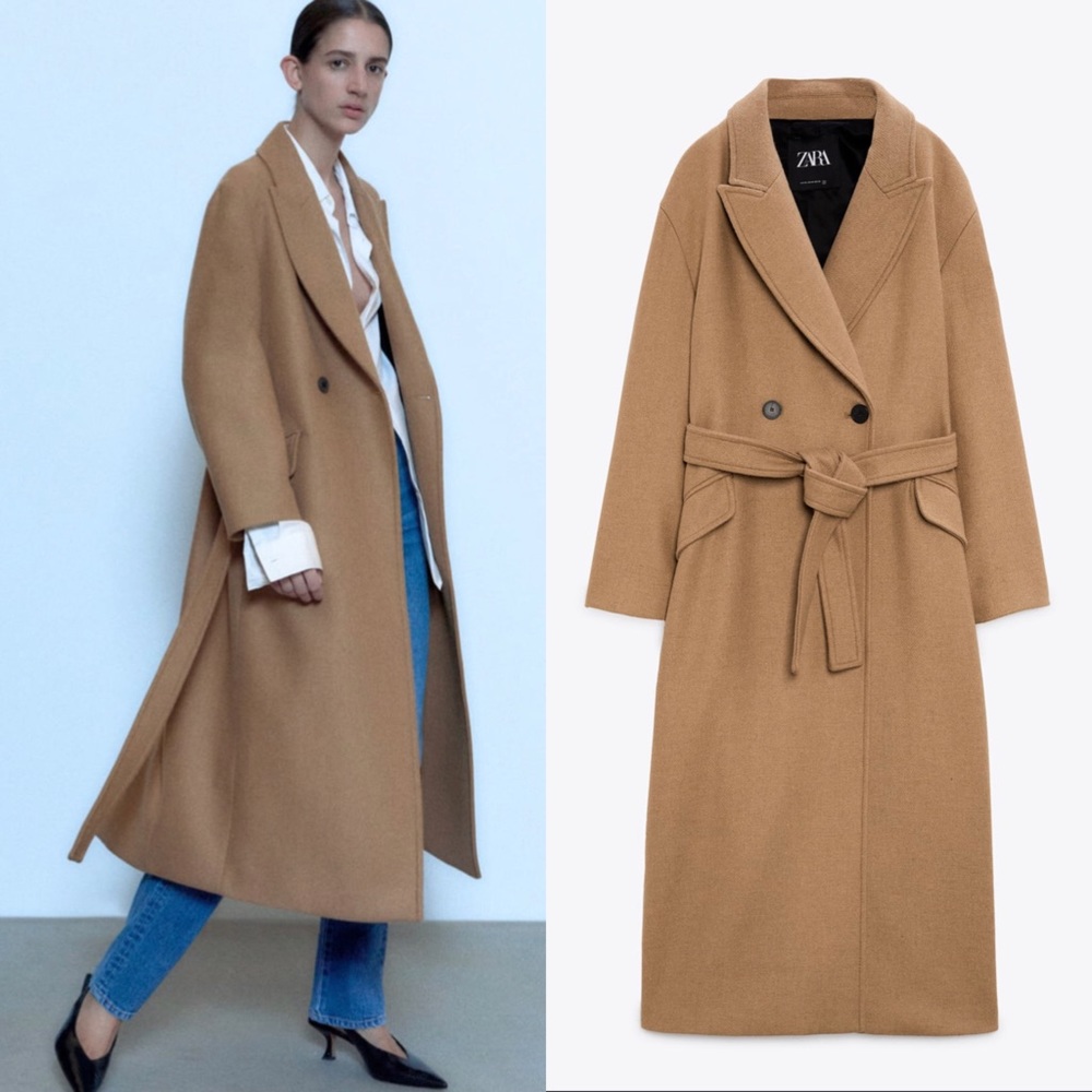 Zara Camel Tan Long Wool Belted Coat